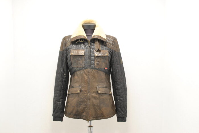 Belstaff geaca vintage de femei din piele cu wax canvas si guler de blana de miel marimea 46 sau M/L - imagine 9