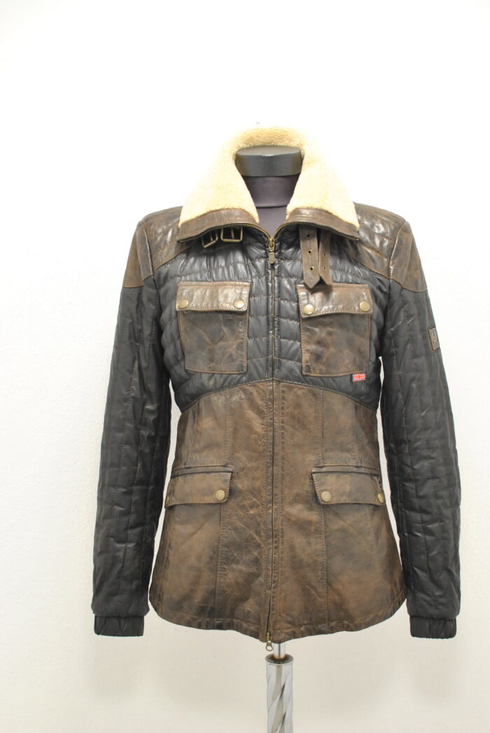 Belstaff geaca vintage de femei din piele cu wax canvas si guler de blana de miel marimea 46 sau M/L - imagine 1