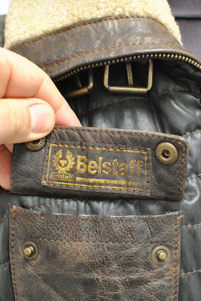 Belstaff geaca vintage de femei din piele cu wax canvas si guler de blana de miel marimea 46 sau M/L - imagine 2