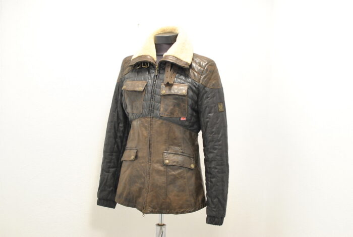 Belstaff geaca vintage de femei din piele cu wax canvas si guler de blana de miel marimea 46 sau M/L - imagine 10