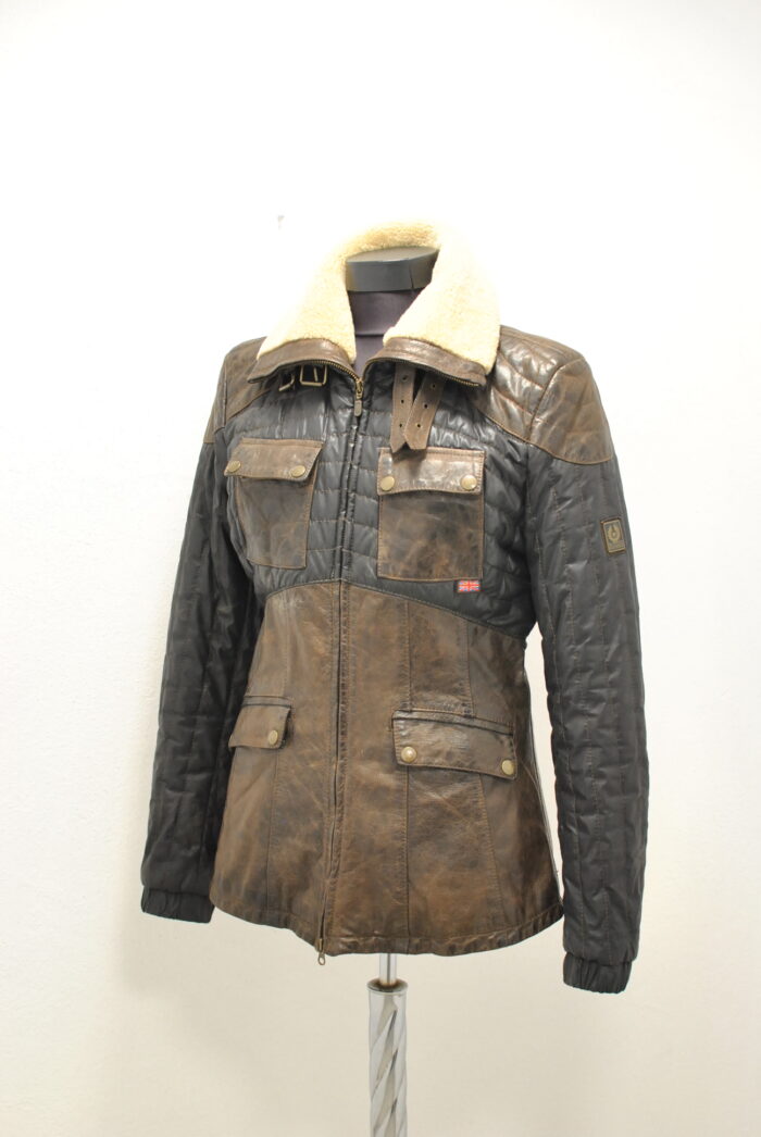 Belstaff geaca vintage de femei din piele cu wax canvas si guler de blana de miel marimea 46 sau M/L - imagine 11