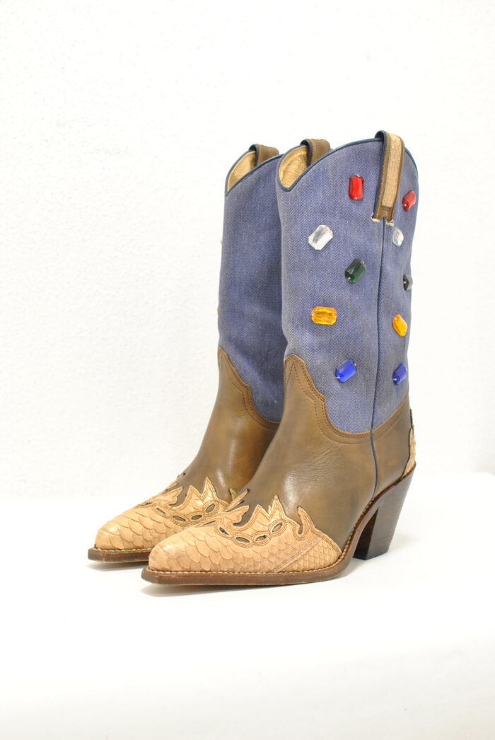 Sancho Boots cizme cowboy vintage  , piele + piele de python cu jeans , marimea 37 - imagine 5