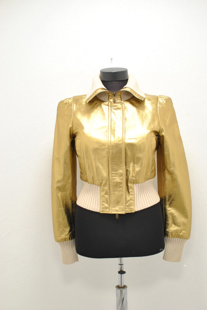Pinko geaca bomber de piele , metalic auriu , marimea 40 sau S - imagine 1
